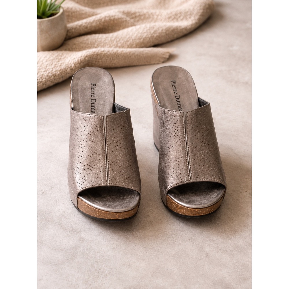 Pierre Dumas Wedge Slide Sandals Metallic Taupe Perforated Comfort Mule